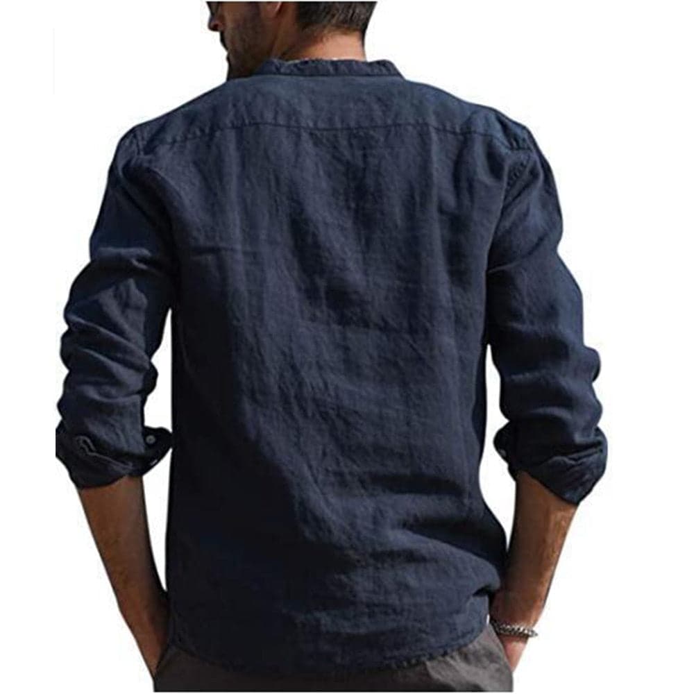 "Herrskjorta av linneblandning med mandarin krage och lång ärm, casual stil. Idealisk för vardag och semiformella tillfällen.