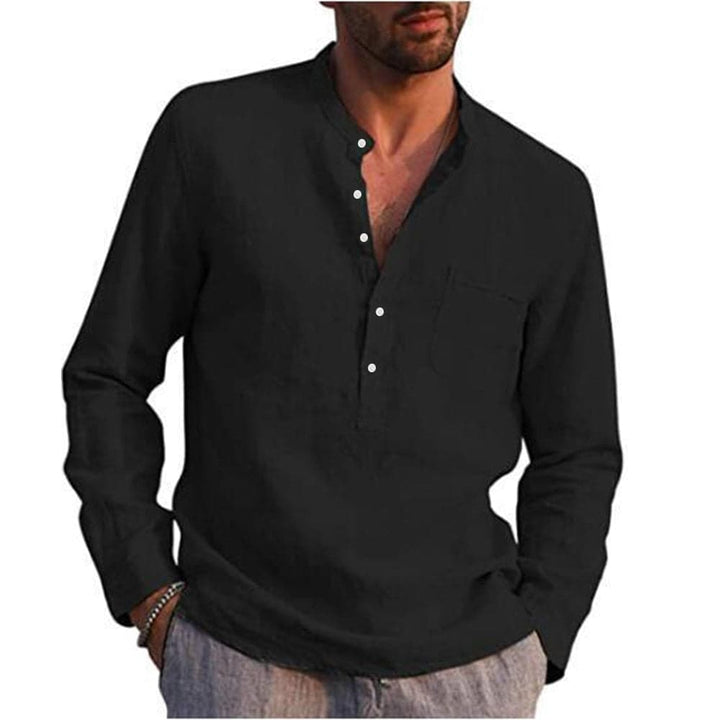 "Herrskjorta av linneblandning med mandarin krage och lång ärm, casual stil. Idealisk för vardag och semiformella tillfällen.