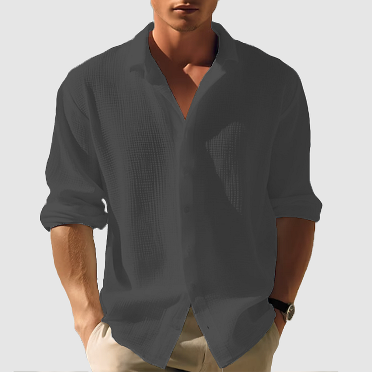 Herrskjorta casual i beige, bomull, långärmad med klassisk reverskrage, mångsidig för herrmode.