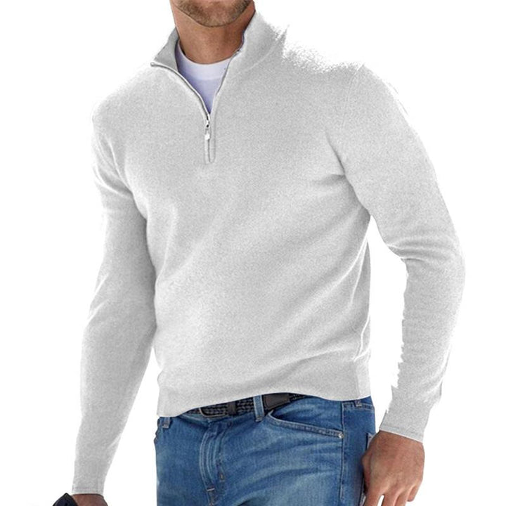 "Herrtröja i beige med dragkedja för alla säsonger, långärmad och stilfull design, idealisk för både vardag och kontor."