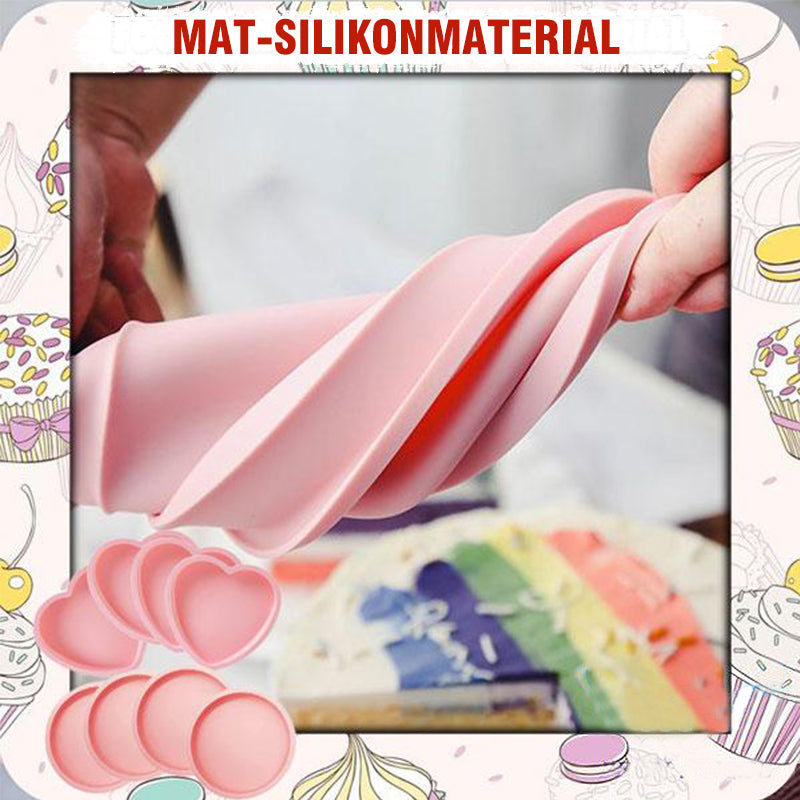 Hjärtformade silikon tårtformar i rosa och blå, perfekt för regnbågstårtor. Flexibla för enkel tårtuttagning.
