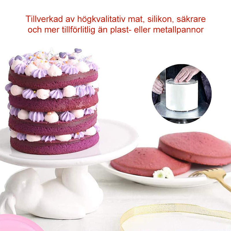 Hjärtformade silikon tårtformar i rosa och blå, perfekt för regnbågstårtor. Flexibla för enkel tårtuttagning.