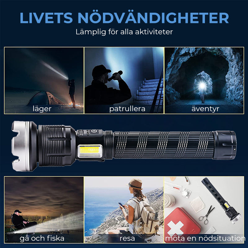 "Hög effekt LED-ficklampa med zoom, vattentålig aluminiumdesign, justerbart fokus, passar för camping och inspektioner."