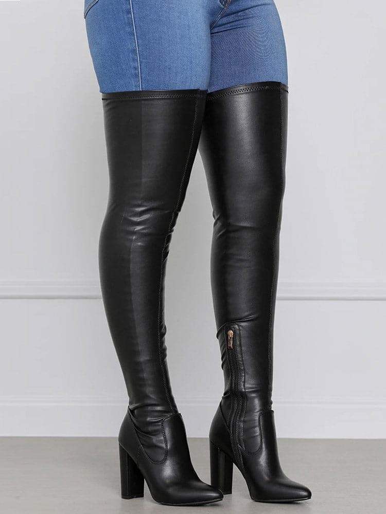 Höga läderstövlar för vinter, eleganta och platta, över knähöga, perfekt för stil och värme, dammode.