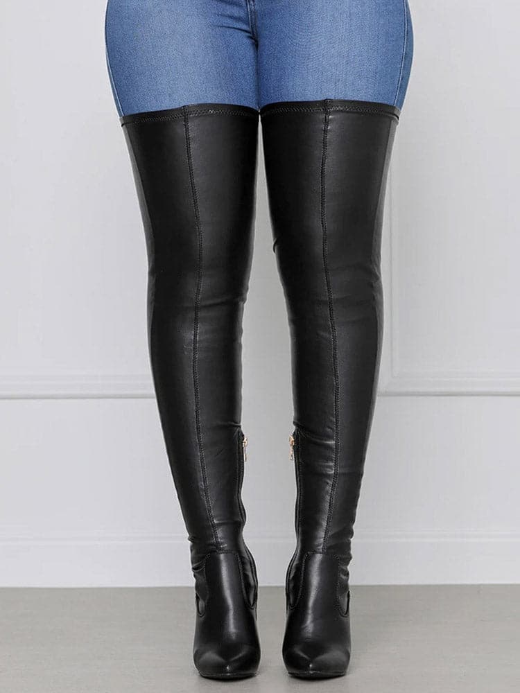 Höga läderstövlar för vinter, eleganta och platta, över knähöga, perfekt för stil och värme, dammode.