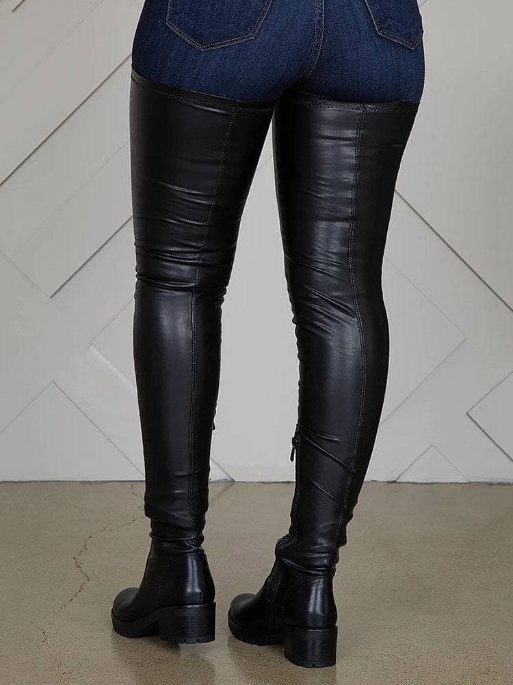 Höga läderstövlar för vinter, eleganta och platta, över knähöga, perfekt för stil och värme, dammode.