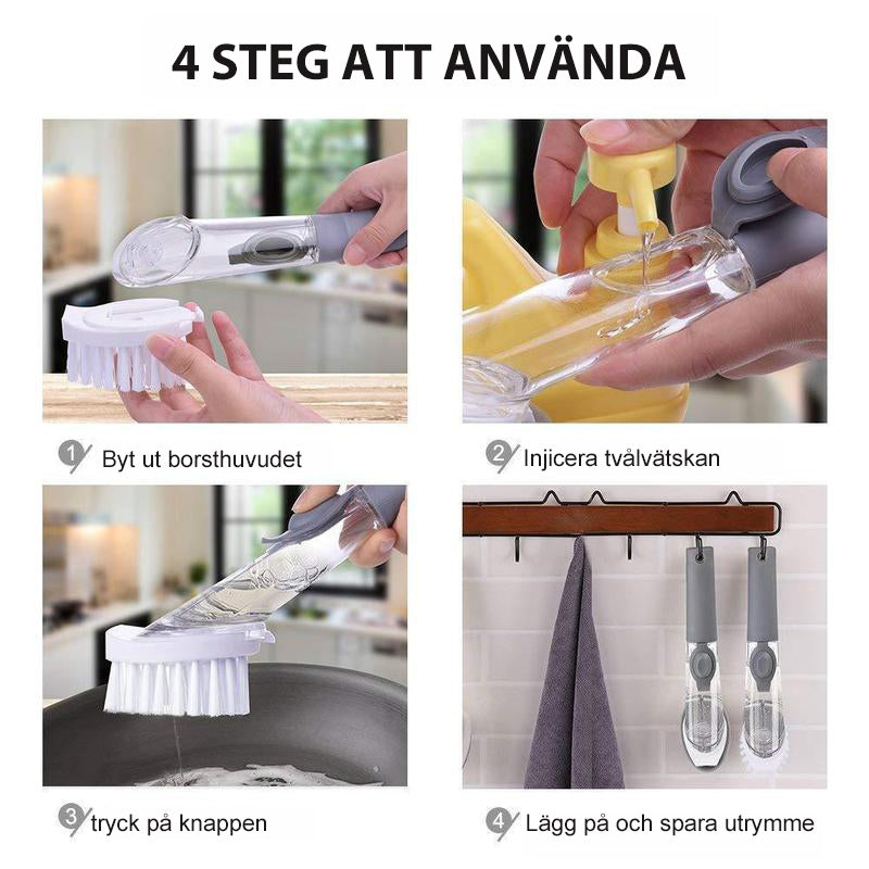 "Högkvalitativ grå och grön diskborste med utbytbara huvuden, ergonomiskt handtag, perfekt för köksrengöring."