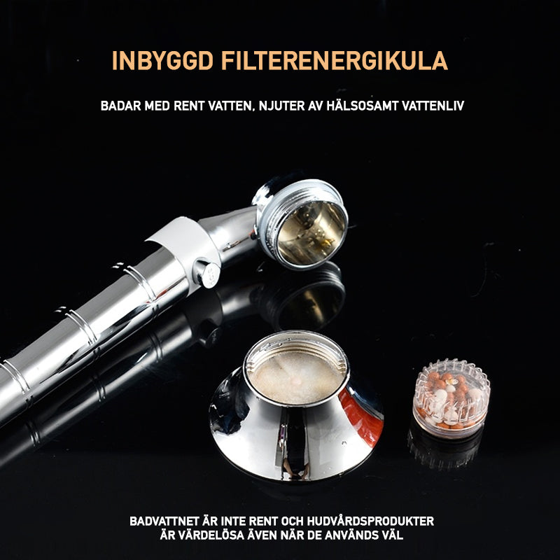 "Högtrycks handhållet duschhuvud med filtersystem, silverfinish, förbättrar vattenflödet och renar vatten för mjukare dusch."
