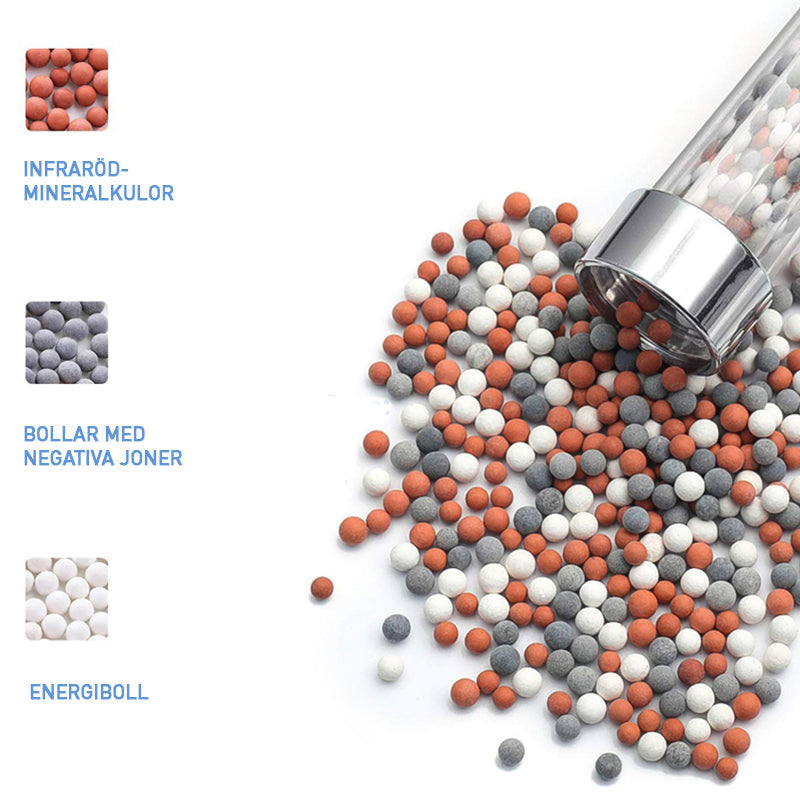 "Högtrycks handhållet duschhuvud med filtersystem, silverfinish, förbättrar vattenflödet och renar vatten för mjukare dusch."