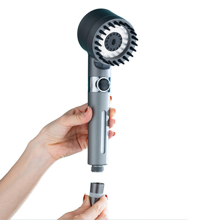 Högtrycksduschhuvud i grå ABS, tre lägen, modern design, kompakt och hållbart. Front view, liknar en hårtork.
