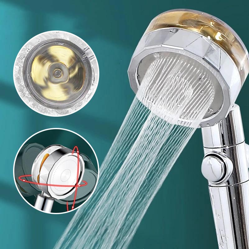 "Högtrycksroterande duschhuvud i silver med modern design, förbättrar vattentryck och sparar vatten i badrummet."
