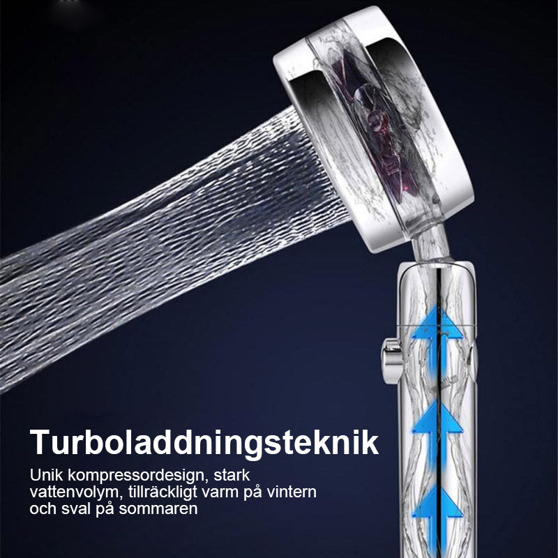"Högtrycksroterande duschhuvud i silver med modern design, förbättrar vattentryck och sparar vatten i badrummet."