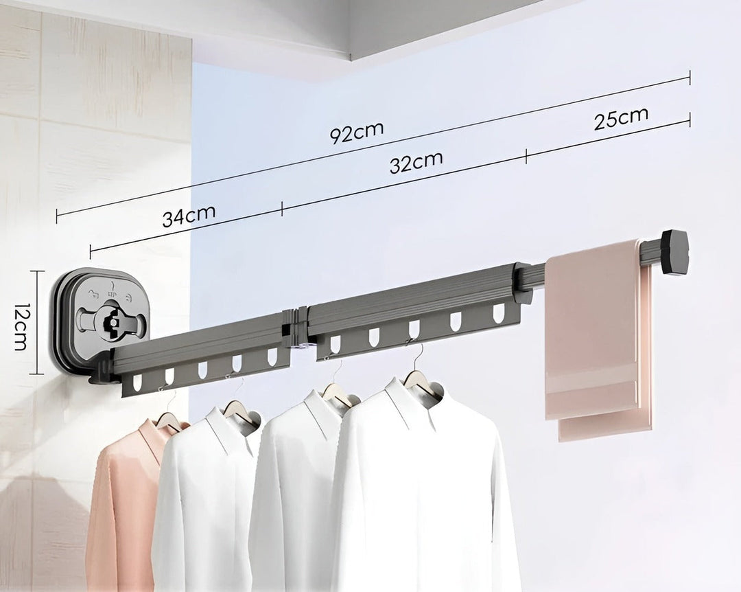 "Hopfällbar aluminimumtorkställning med sugkopp, minimalistisk design för optimal utrymmeseffektivitet."
