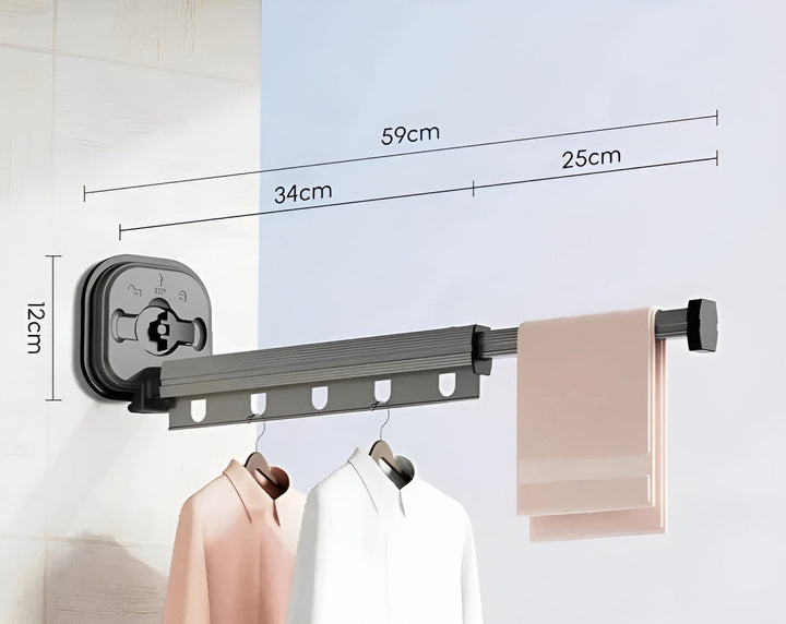"Hopfällbar aluminimumtorkställning med sugkopp, minimalistisk design för optimal utrymmeseffektivitet."