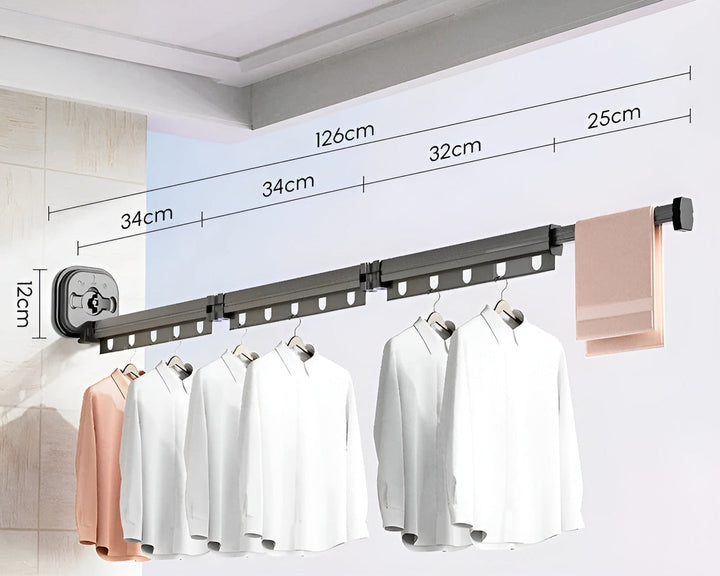 "Hopfällbar aluminimumtorkställning med sugkopp, minimalistisk design för optimal utrymmeseffektivitet."