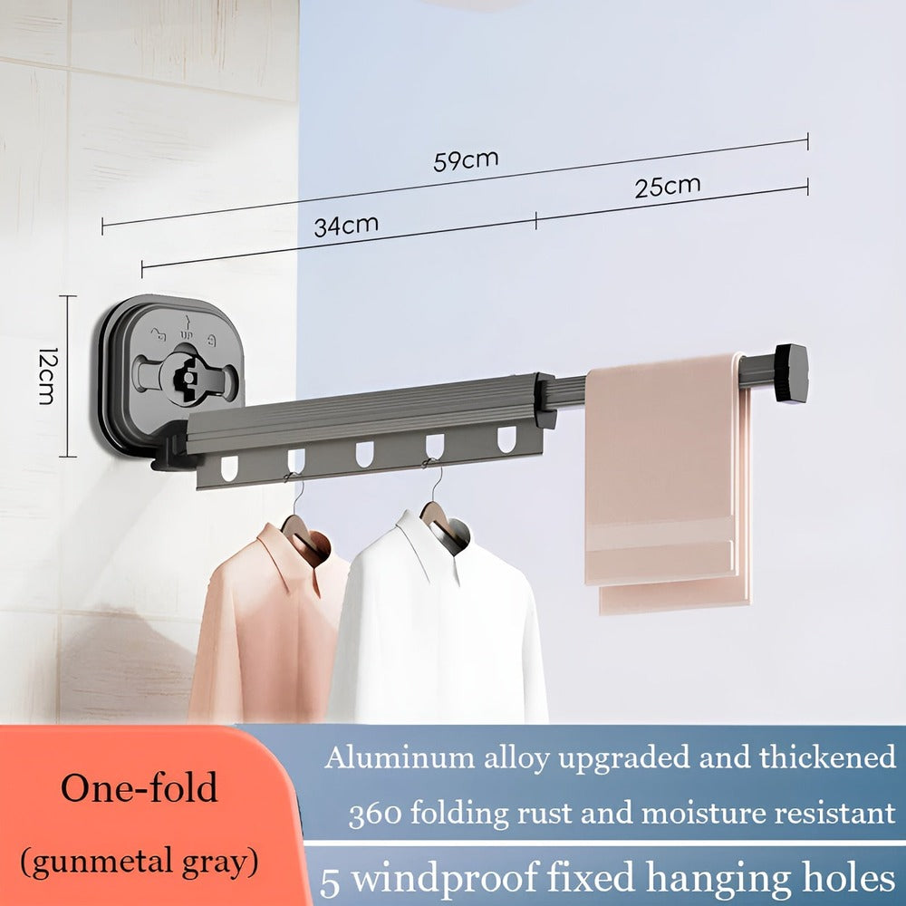 "Hopfällbar aluminimumtorkställning med sugkopp, minimalistisk design för optimal utrymmeseffektivitet."
