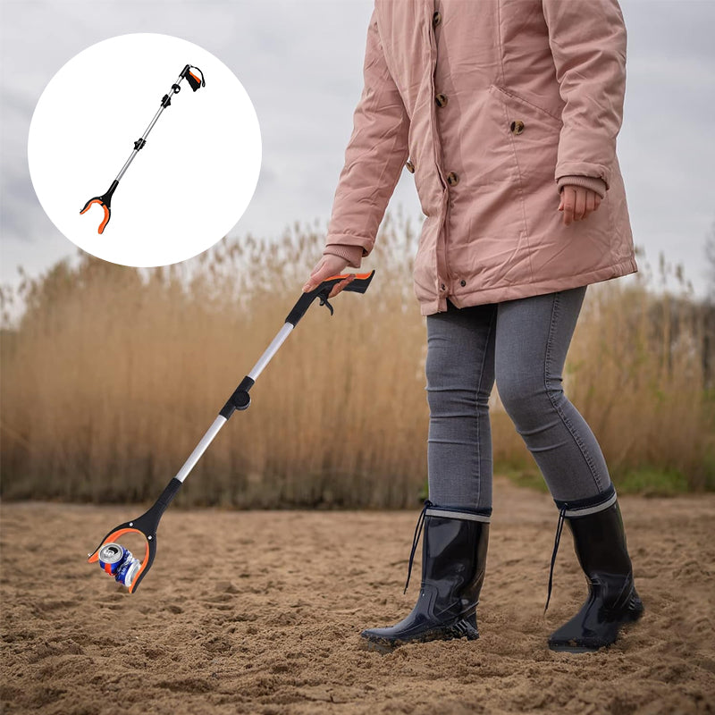 "Hopfällbar gripklo med ergonomiskt handtag och 360° vridbar klämma av aluminium, idealisk för mobilitet och enkel åtkomst."