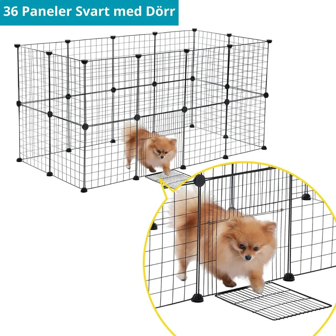 Hopfällbar och justerbar hundbur för smådjur, säker och flexibel med stålpaneler och dörrpanel för enkel tillgång.