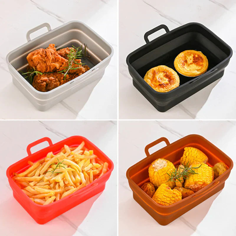 Hopfällbar silikonbakplåt för Air Fryer, grå, tål hög temperatur, oljedränering, enkel rengöring, matchar köksinredning.