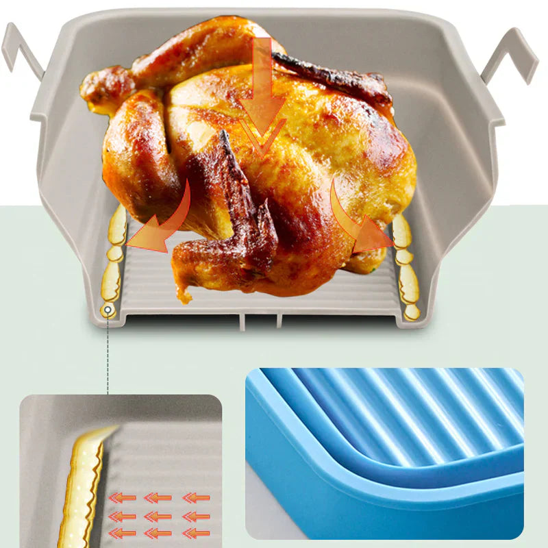 Hopfällbar silikonbakplåt för Air Fryer, grå, tål hög temperatur, oljedränering, enkel rengöring, matchar köksinredning.