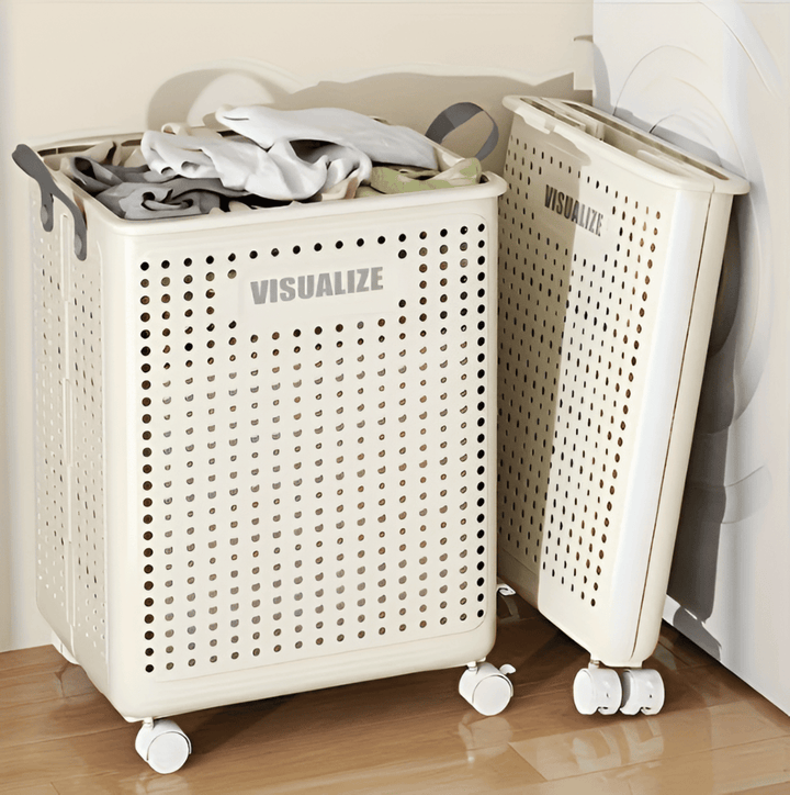 "Hopfällbar tvättlåda med hjul, elegant design i neutral färg, tillverkad i slitstarkt PP-material för smidig förvaring."