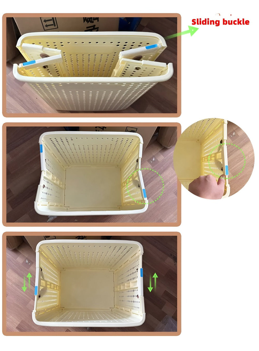 "Hopfällbar tvättlåda med hjul, elegant design i neutral färg, tillverkad i slitstarkt PP-material för smidig förvaring."
