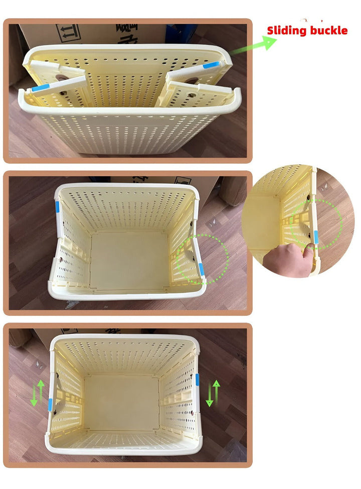 "Hopfällbar tvättlåda med hjul, elegant design i neutral färg, tillverkad i slitstarkt PP-material för smidig förvaring."
