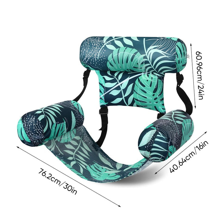 "Hopfällbar uppblåsbar poolstol med ergonomiskt ryggstöd och lövverk-mönster, perfekt för komfort och stil vid poolen."