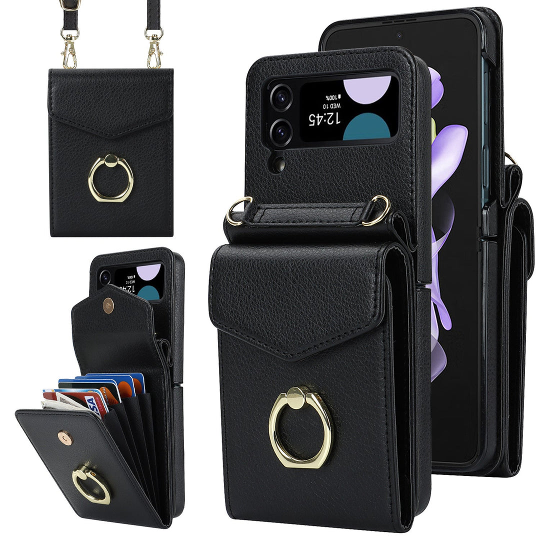 Hopfällbart Messenger Mobilfodral i elegant PU-läder, passande för Samsung Galaxy Z Flip, med justerbara axelband.