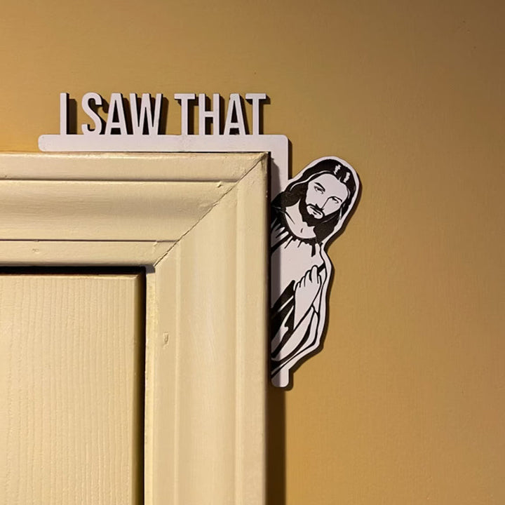 "Humoristisk Jesus dörrhängare i trä, rolig heminredning för en lekfull touch, perfekt skämtpresent."