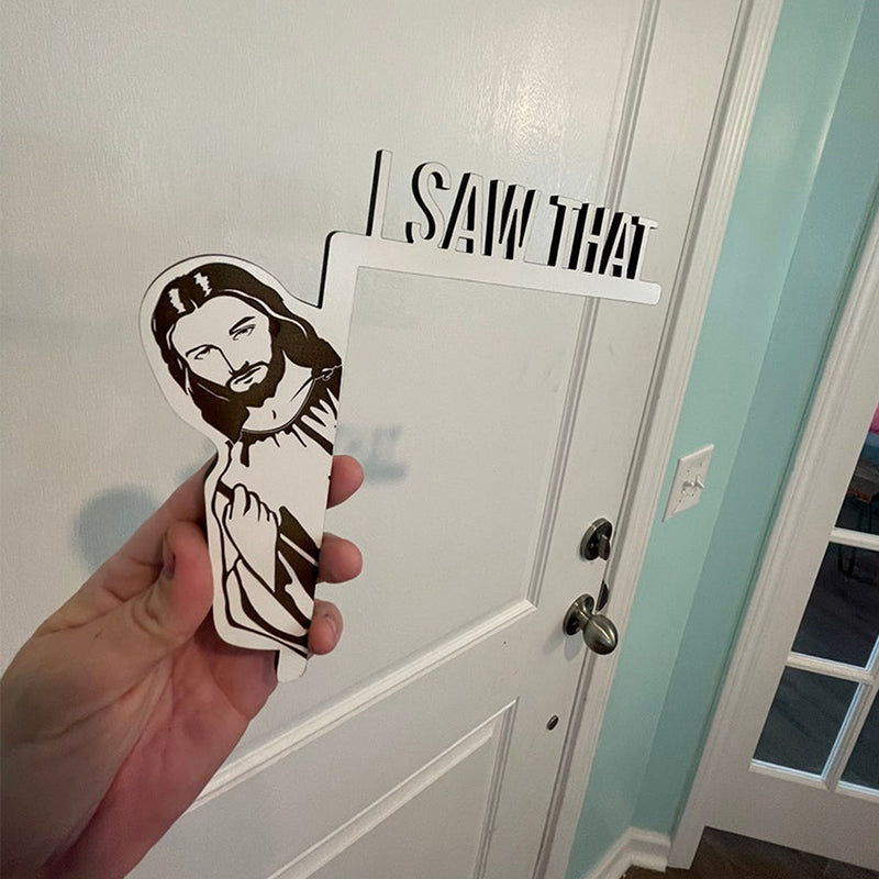 "Humoristisk Jesus dörrhängare i trä, rolig heminredning för en lekfull touch, perfekt skämtpresent."