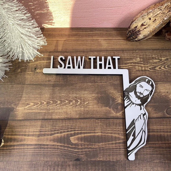 "Humoristisk Jesus dörrhängare i trä, rolig heminredning för en lekfull touch, perfekt skämtpresent."