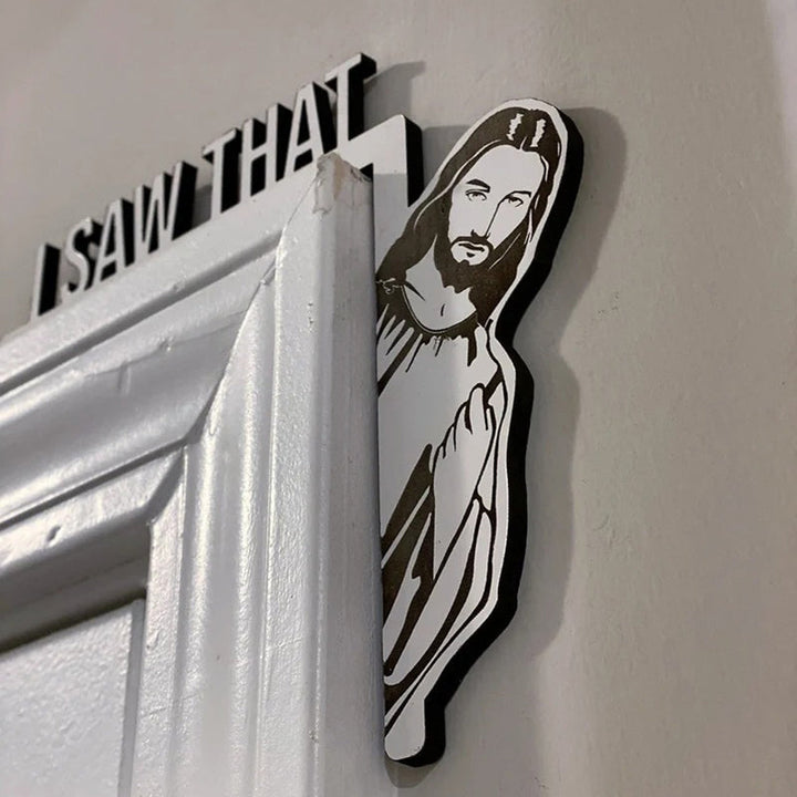 "Humoristisk Jesus dörrhängare i trä, rolig heminredning för en lekfull touch, perfekt skämtpresent."