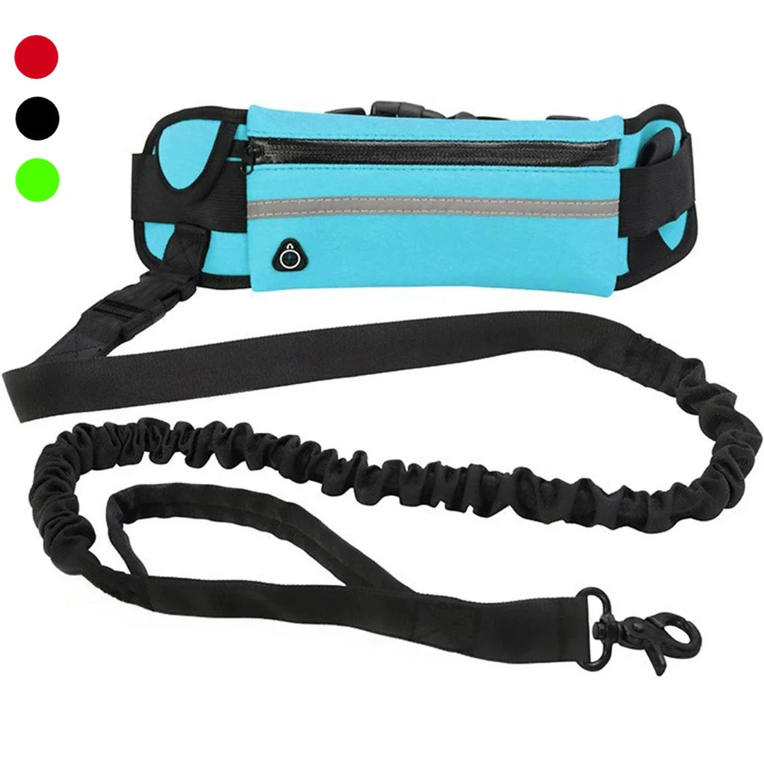 "Hundägare med flexibelt koppel och midjeväska för handsfree promenader och ökad rörelsefrihet för hunden."