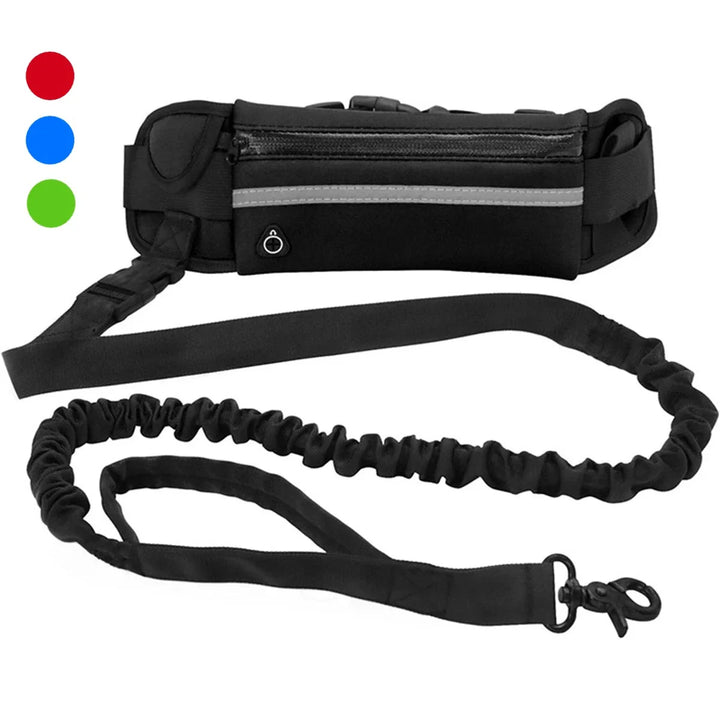 "Hundägare med flexibelt koppel och midjeväska för handsfree promenader och ökad rörelsefrihet för hunden."