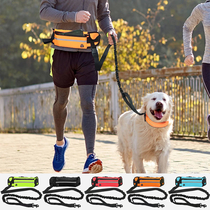 "Hundägare med flexibelt koppel och midjeväska för handsfree promenader och ökad rörelsefrihet för hunden."