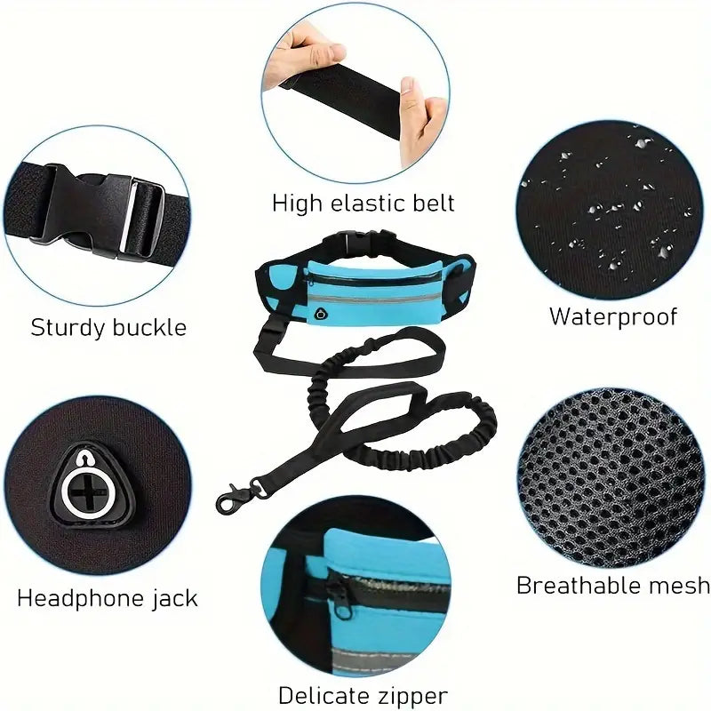 "Hundägare med flexibelt koppel och midjeväska för handsfree promenader och ökad rörelsefrihet för hunden."