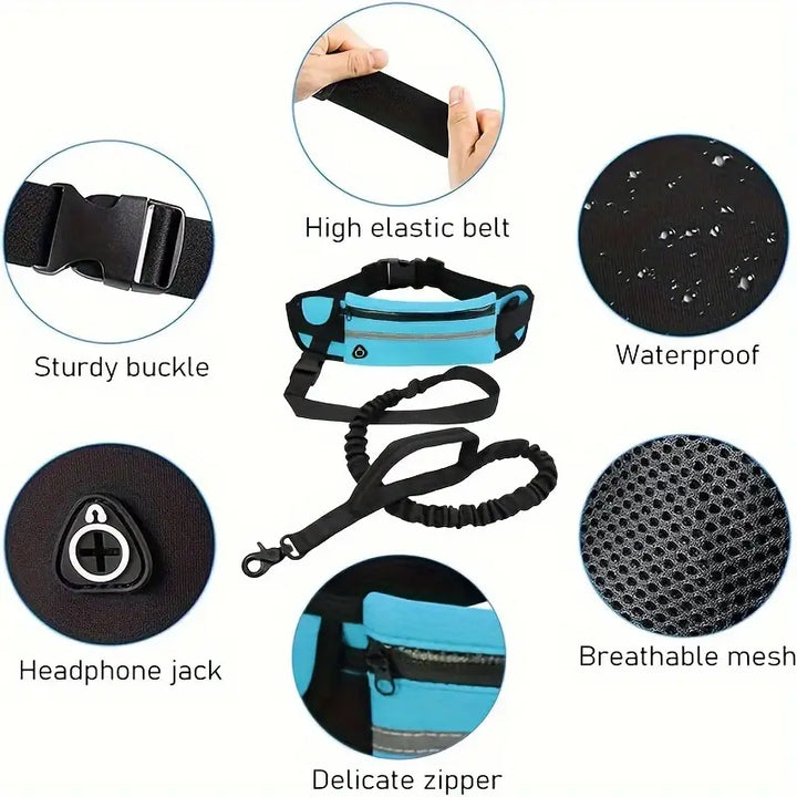 "Hundägare med flexibelt koppel och midjeväska för handsfree promenader och ökad rörelsefrihet för hunden."
