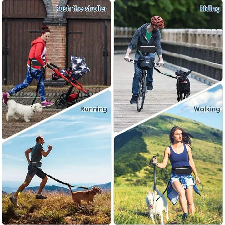 "Hundägare med flexibelt koppel och midjeväska för handsfree promenader och ökad rörelsefrihet för hunden."