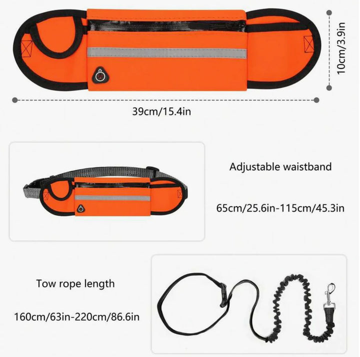 "Hundägare med flexibelt koppel och midjeväska för handsfree promenader och ökad rörelsefrihet för hunden."