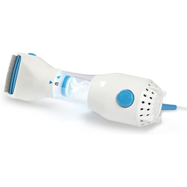 "Huvudlössmaskin med 3 filter, vit, blått LED-ljus, rostfri kam. Idealisk för kemikaliefri lössborttagning."