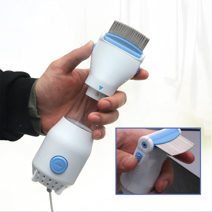 "Huvudlössmaskin med 3 filter, vit, blått LED-ljus, rostfri kam. Idealisk för kemikaliefri lössborttagning."