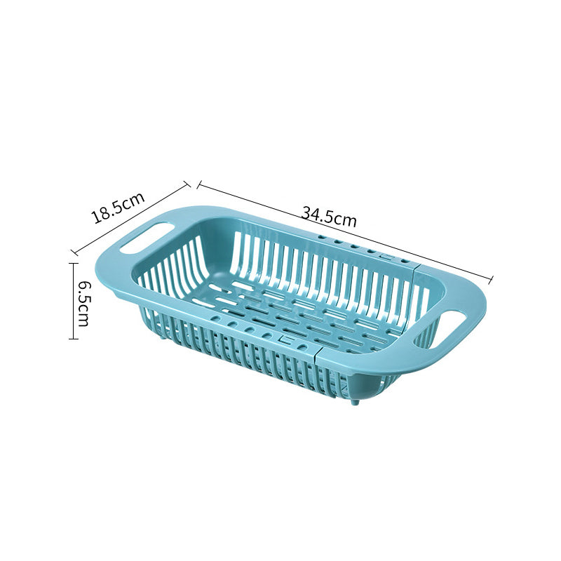 "Ihålig köksavrinningskorg med handtag, blå. Perfekt för frukt, grönsaker; max töjbar längd 45 cm."