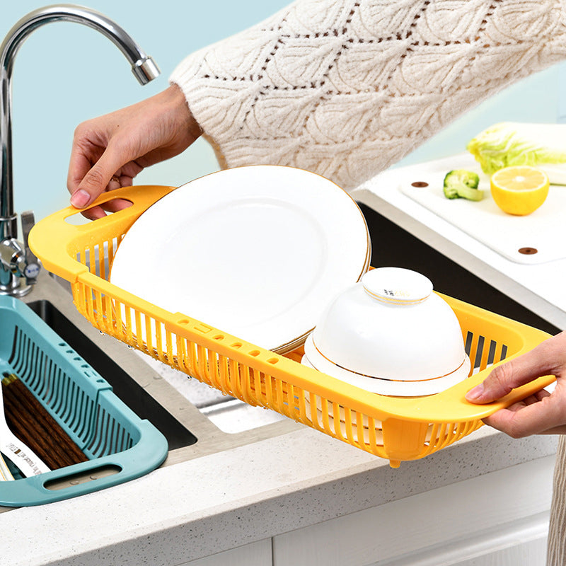 "Ihålig köksavrinningskorg med handtag, blå. Perfekt för frukt, grönsaker; max töjbar längd 45 cm."