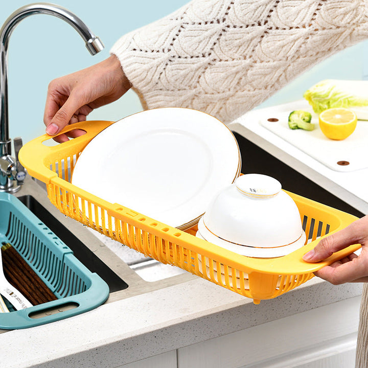 "Ihålig köksavrinningskorg med handtag, blå. Perfekt för frukt, grönsaker; max töjbar längd 45 cm."