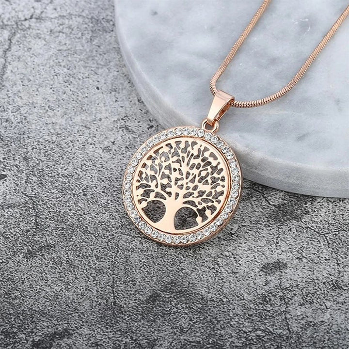 "Ihåligt halsband med livets träd i guld, silver, rose guld. Elegant smycke, 55 cm längd, legering, feminin accessoar."