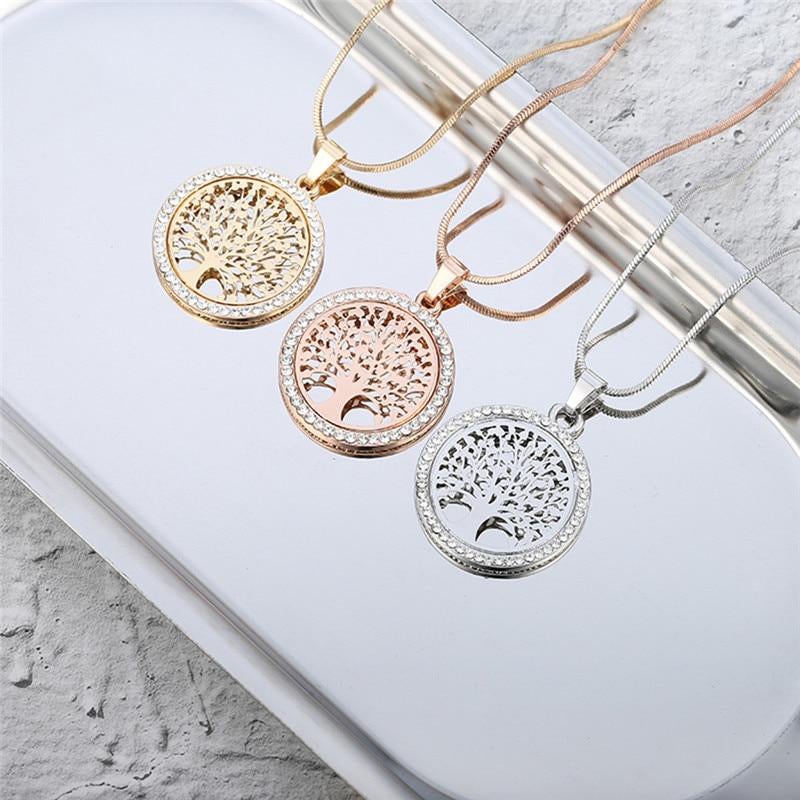"Ihåligt halsband med livets träd i guld, silver, rose guld. Elegant smycke, 55 cm längd, legering, feminin accessoar."