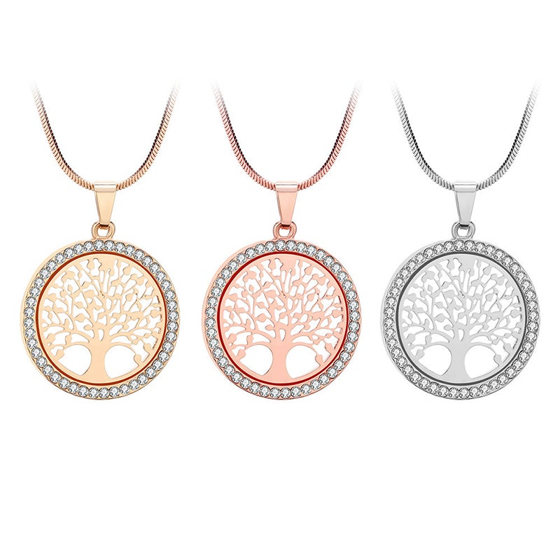 "Ihåligt halsband med livets träd i guld, silver, rose guld. Elegant smycke, 55 cm längd, legering, feminin accessoar."