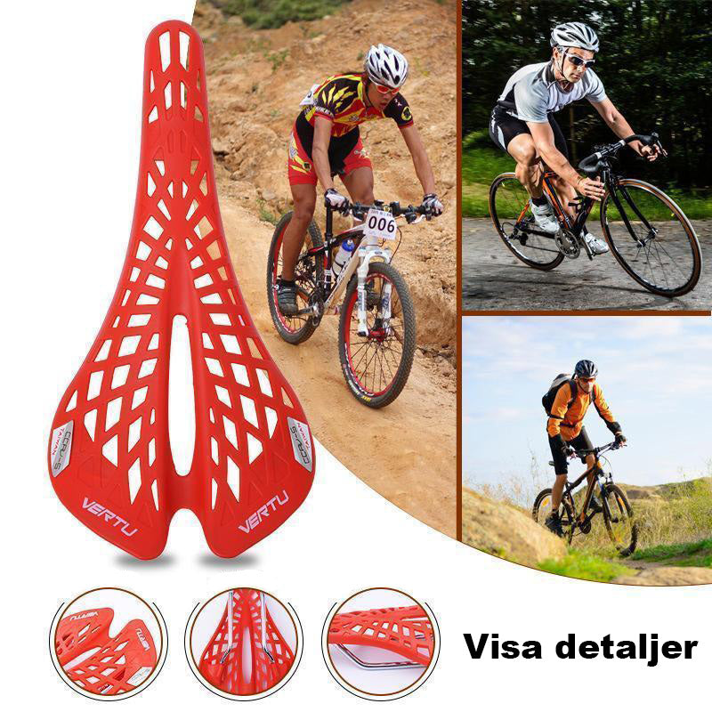 "Inbyggd cykelsadel i svart med andningsbar design och 69 ventilationshål för ökad komfort och minskad svettning."