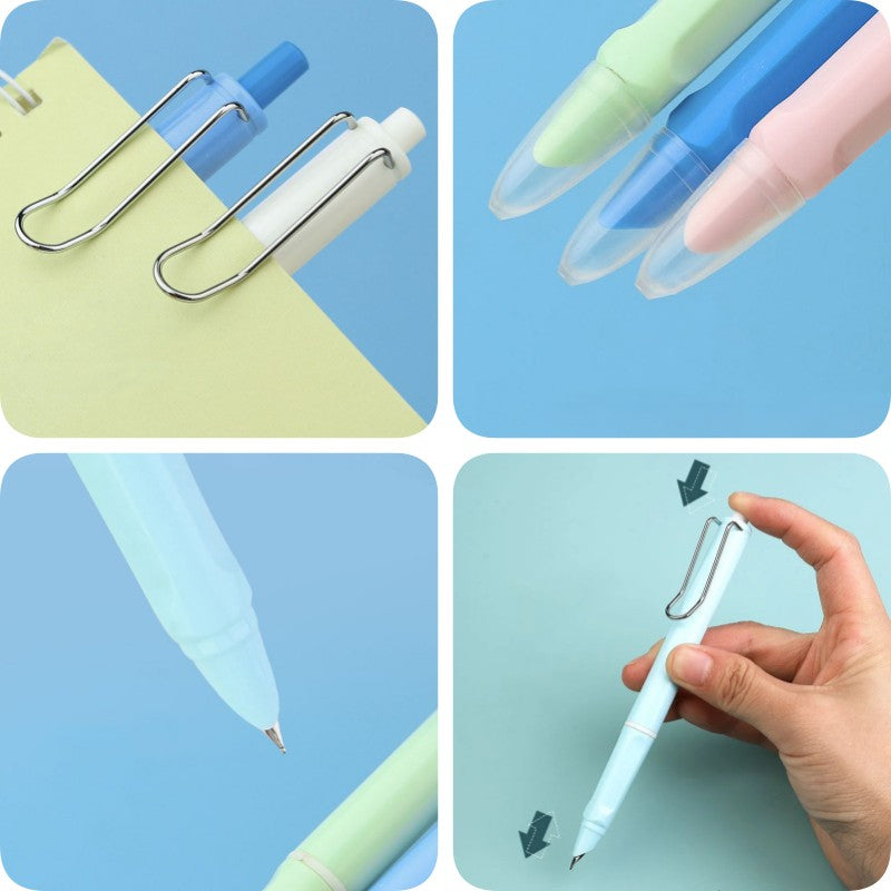 Indragbar skrivarpenna med halkfritt grepp, smidd design, utbytbart bläck, flera färger. Perfekt för smidig skrivning.